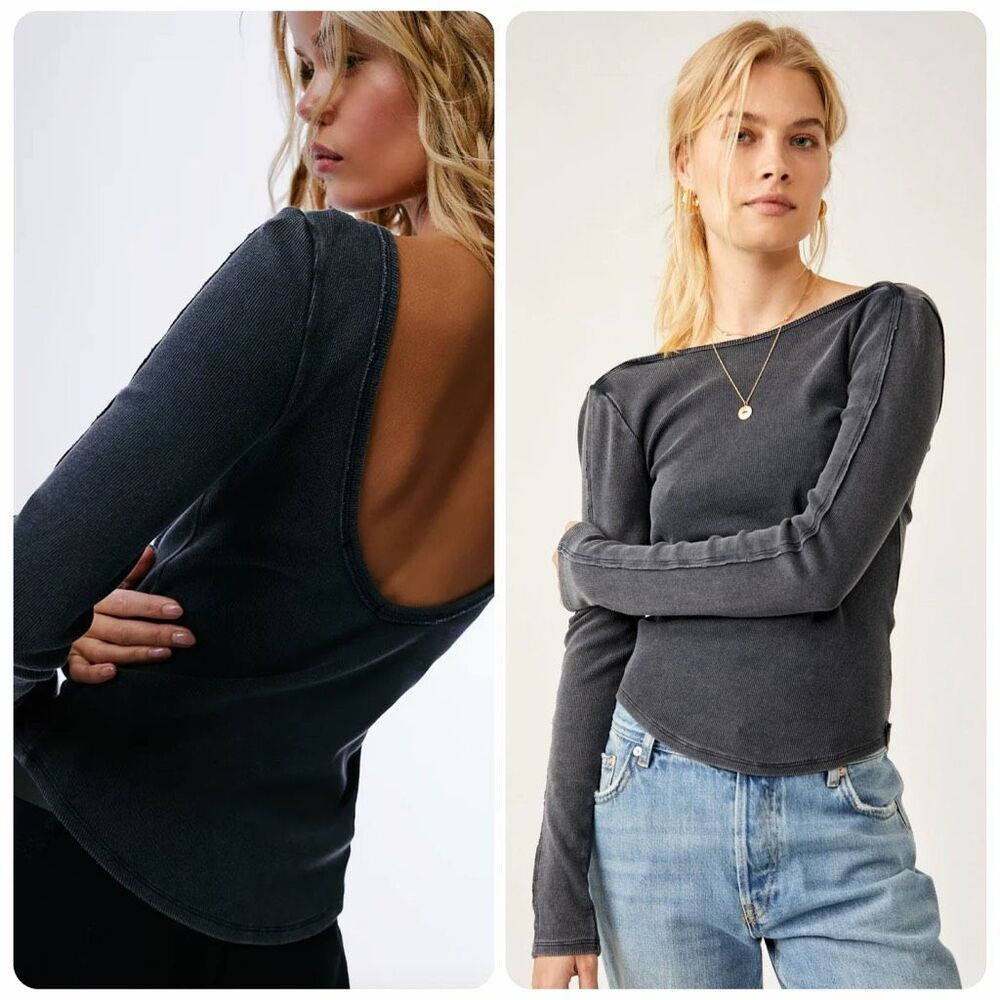 Free People We The Free Unapologetic Long Sleeve Ribbed Tee washed black L NEW